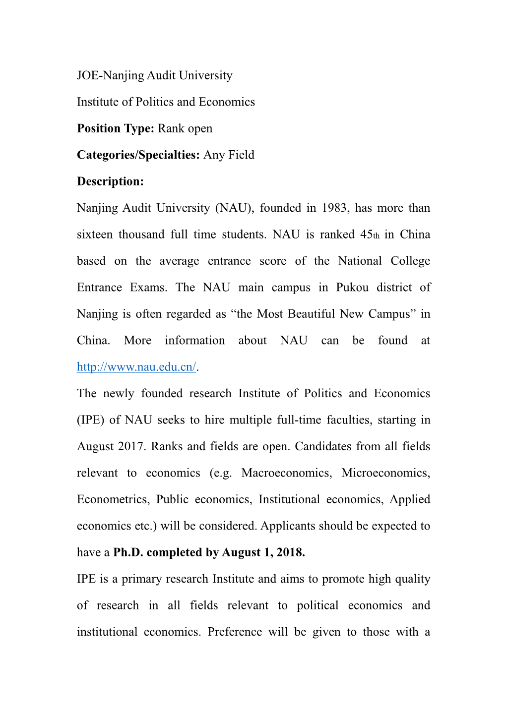 JOE-Nanjing Audit University Institute of Politics and Economics Position