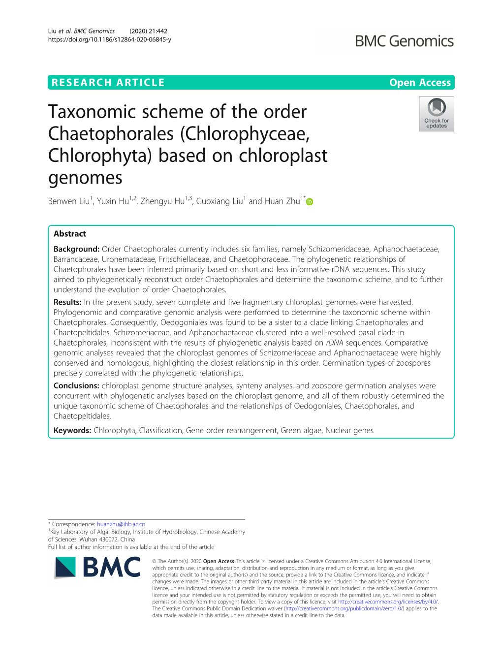 (Chlorophyceae, Chlorophyta) Based on Chloroplast Genomes Benwen Liu1, Yuxin Hu1,2, Zhengyu Hu1,3, Guoxiang Liu1 and Huan Zhu1*