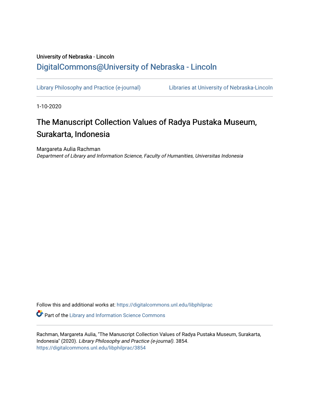 The Manuscript Collection Values of Radya Pustaka Museum, Surakarta, Indonesia