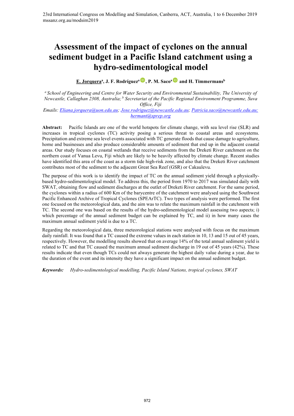 Assessment of the Impact of Cyclones on the Annual Sediment Budget in a Pacific Island Catchment Using a Hydro-Sedimentological Model