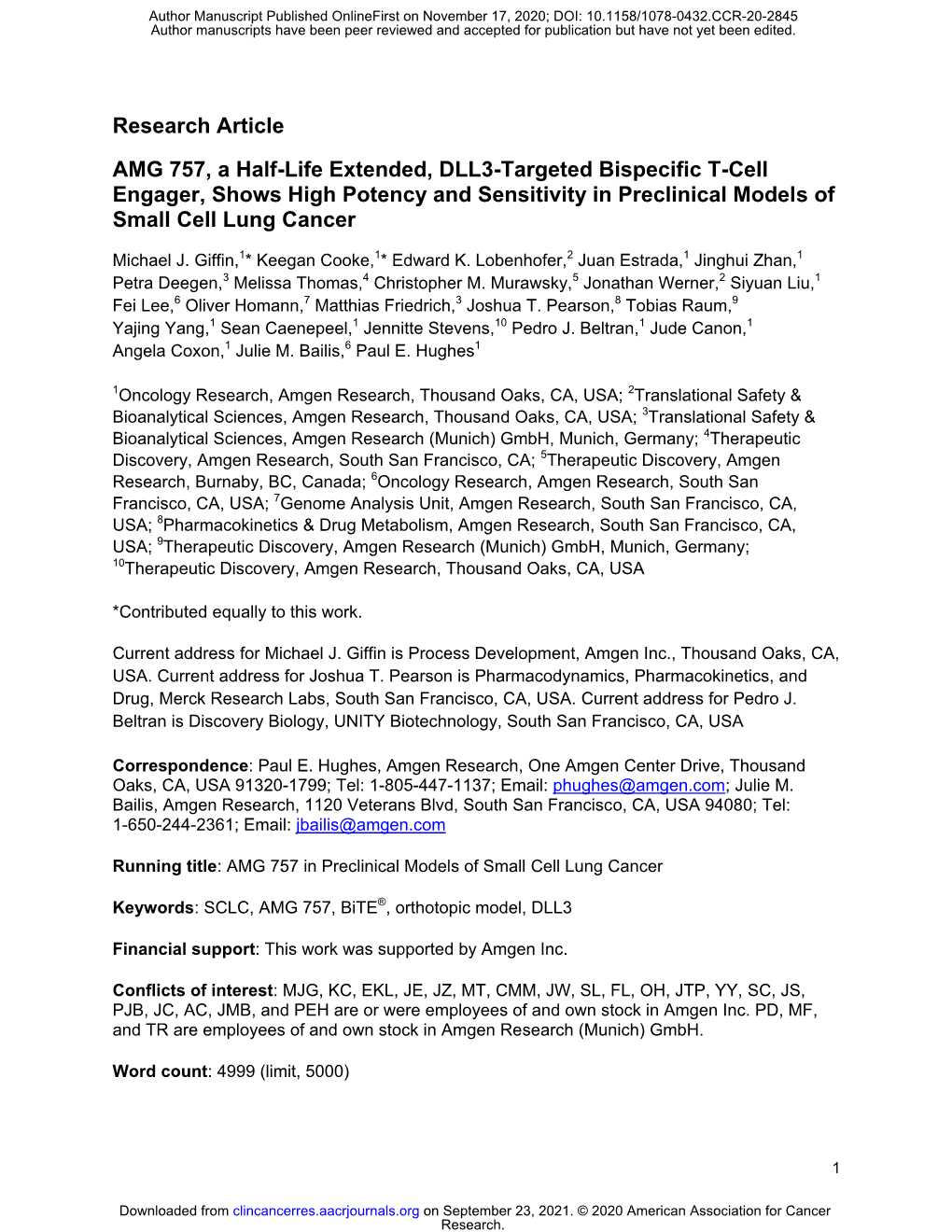 AMG 757, a Half-Life Extended, DLL3-Targeted Bispecific T-Cell Engager, Shows High Potency and Sensitivity in Preclinical Models of Small Cell Lung Cancer