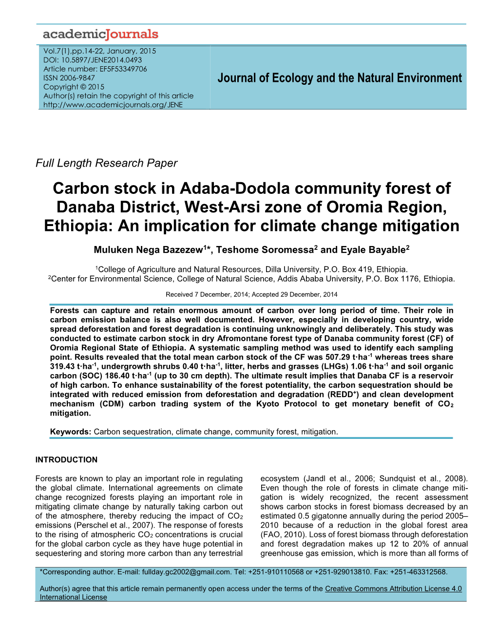 Carbon Stock in Adaba-Dodola Community Forest of Danaba District, West-Arsi Zone of Oromia Region, Ethiopia: an Implication for Climate Change Mitigation