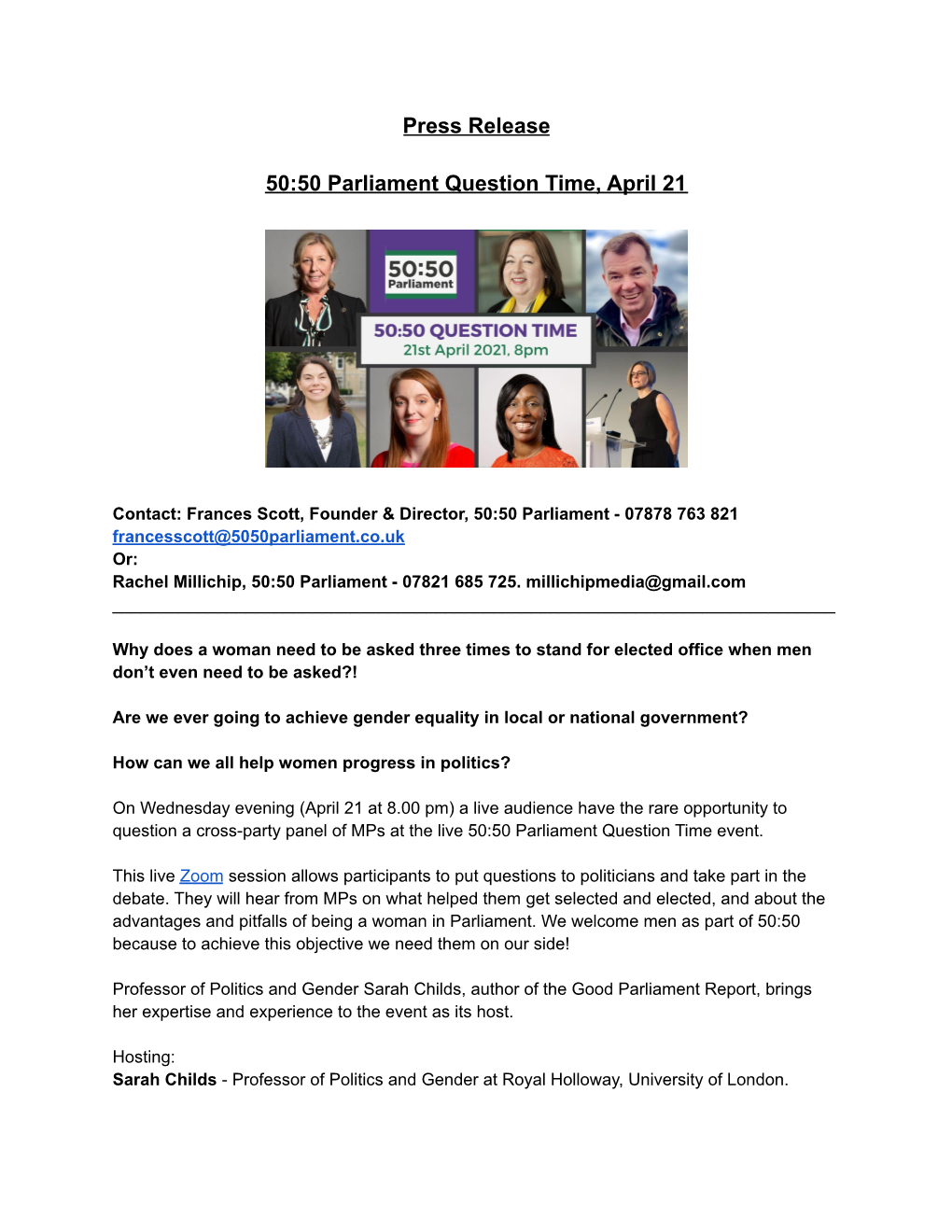 50 50 Parliament Question Time Press Release .Docx