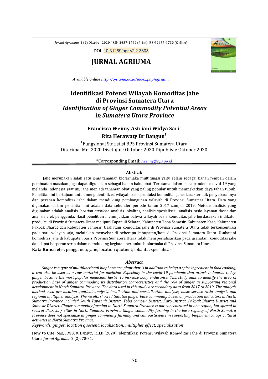 Jurnal Agriuma:, 2 (2) Oktober 2020 ISSN 2657-1749 (Print) ISSN 2657-1730 (Online) DOI: 10.31289/Agr.V2i2.3803 JURNAL AGRIUMA