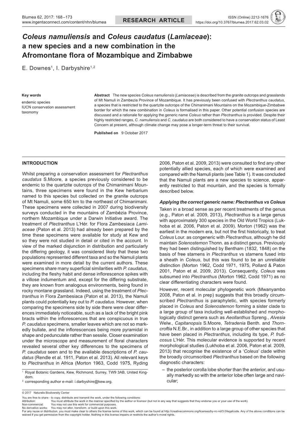 Coleus Namuliensis and Coleus Caudatus (Lamiaceae): a New Species and a New Combination in the Afromontane Flora of Mozambique and Zimbabwe