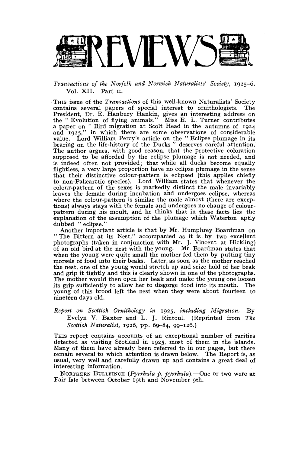 REVIEWS Transactions of the Norfolk and Norwich Naturalists' Society, 1925-6