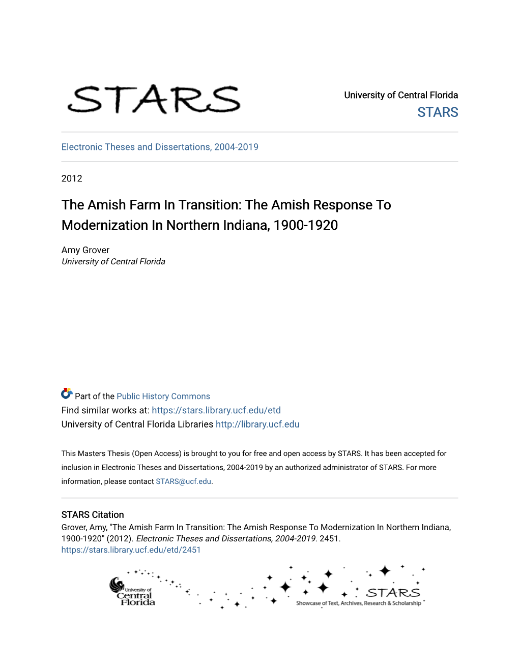 The Amish Farm in Transition: the Amish Response to Modernization in Northern Indiana, 1900-1920