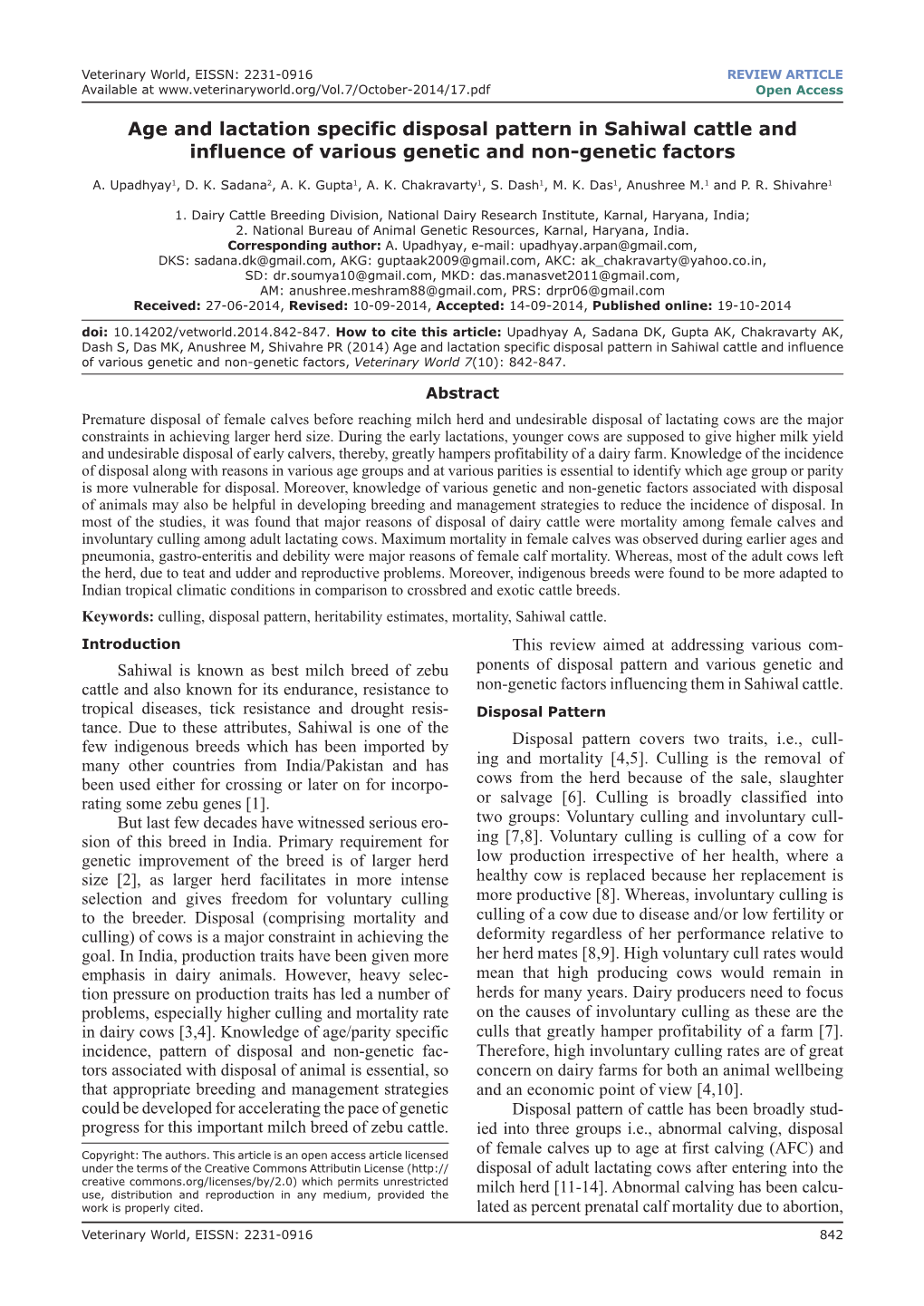 Age and Lactation Specific Disposal Pattern in Sahiwal Cattle and Influence of Various Genetic and Non-Genetic Factors