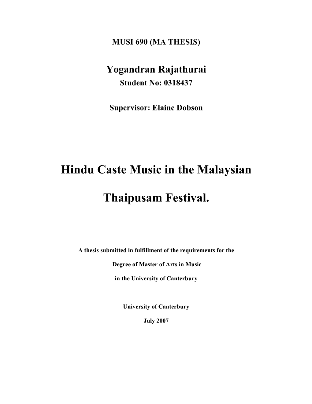 Hindu Caste Music in the Malaysian Thaipusam Festival