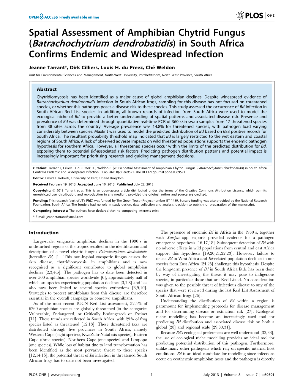 Batrachochytrium Dendrobatidis) in South Africa Confirms Endemic and Widespread Infection