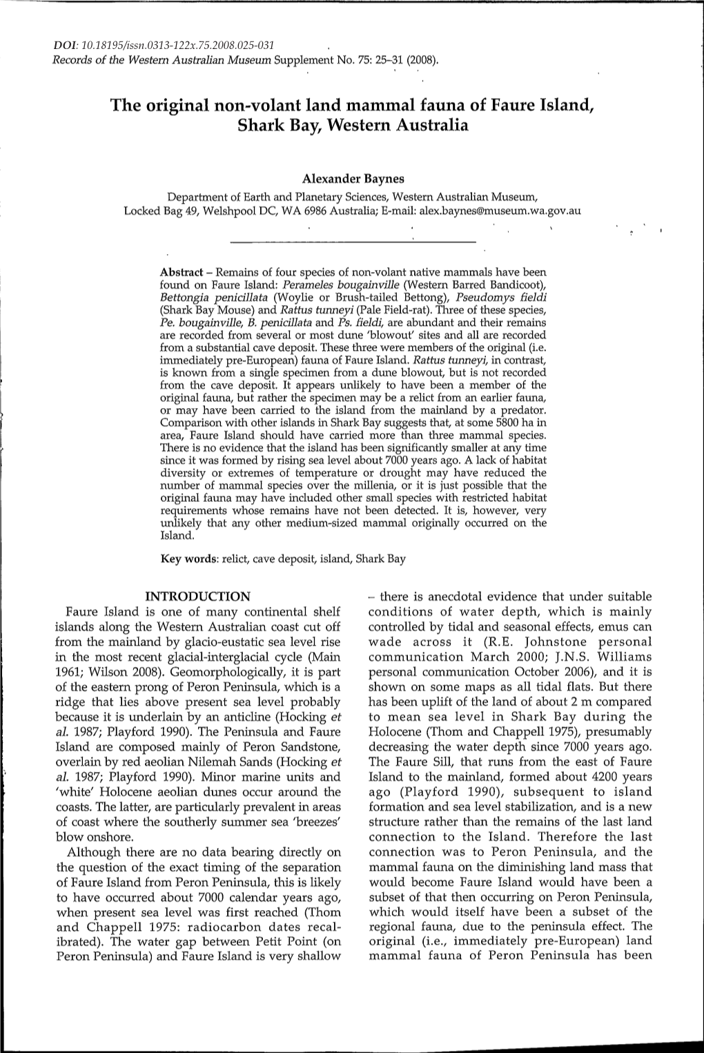 The Original Non-Volant Land Mammal Fauna of Faure Island, Shark Bay, Western Australia Download 1.41