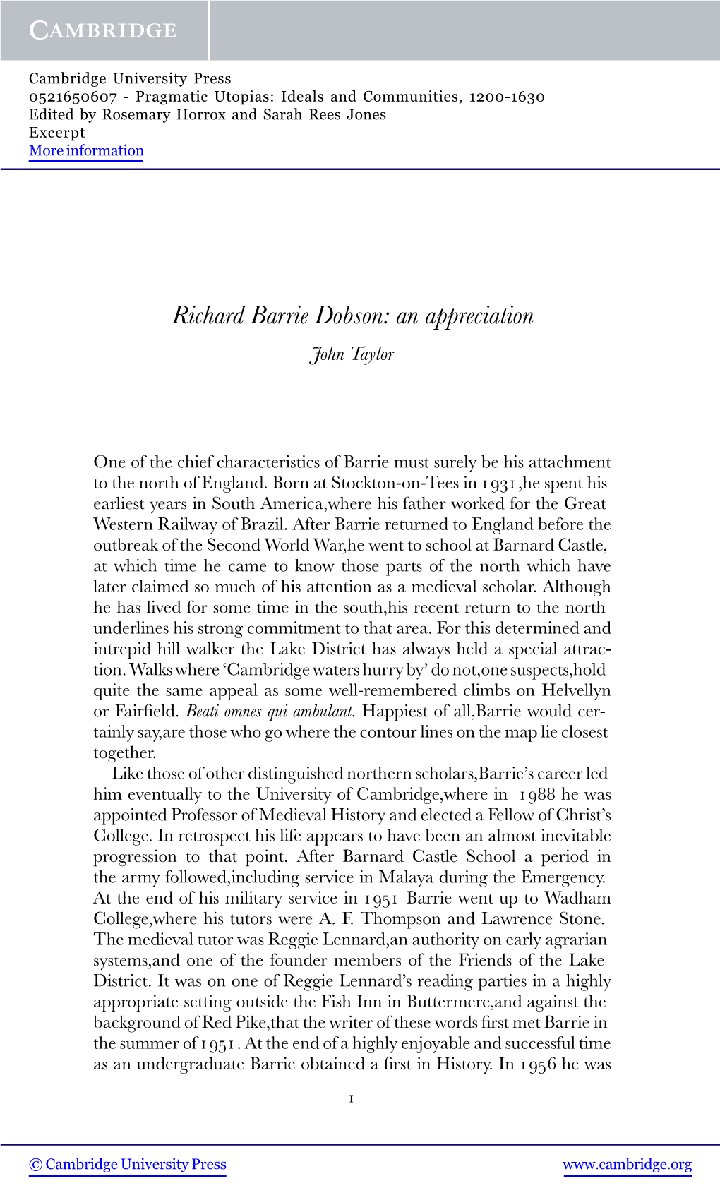 Richard Barrie Dobson: an Appreciation John Taylor