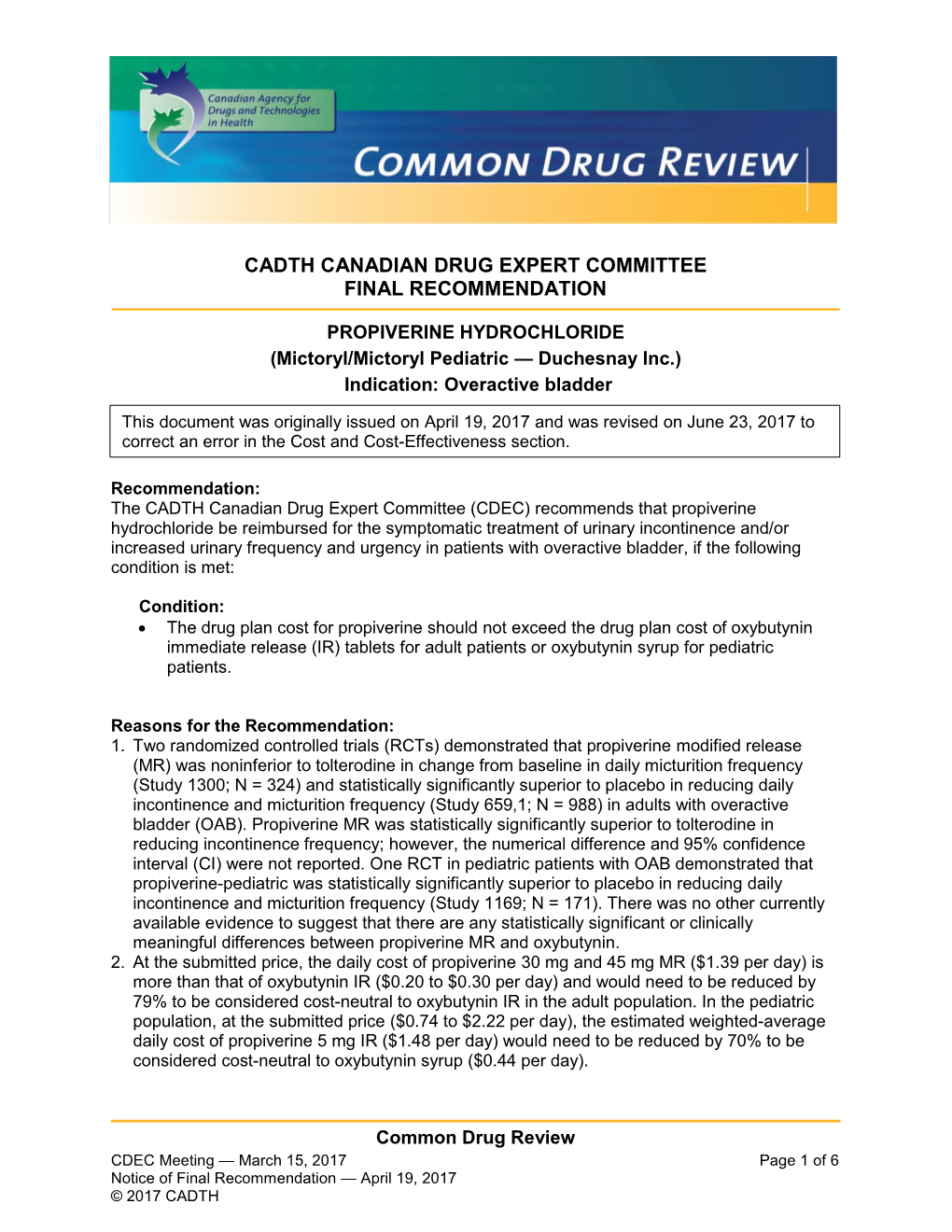 Cadth Canadian Drug Expert Committee Final Recommendation