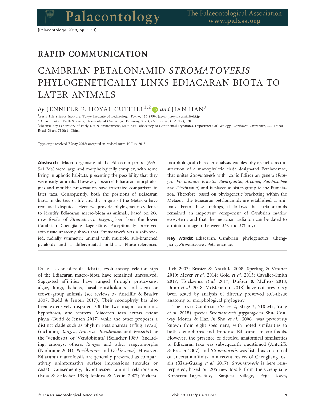 CAMBRIAN PETALONAMID STROMATOVERIS PHYLOGENETICALLY LINKS EDIACARAN BIOTA to LATER ANIMALS by JENNIFER F