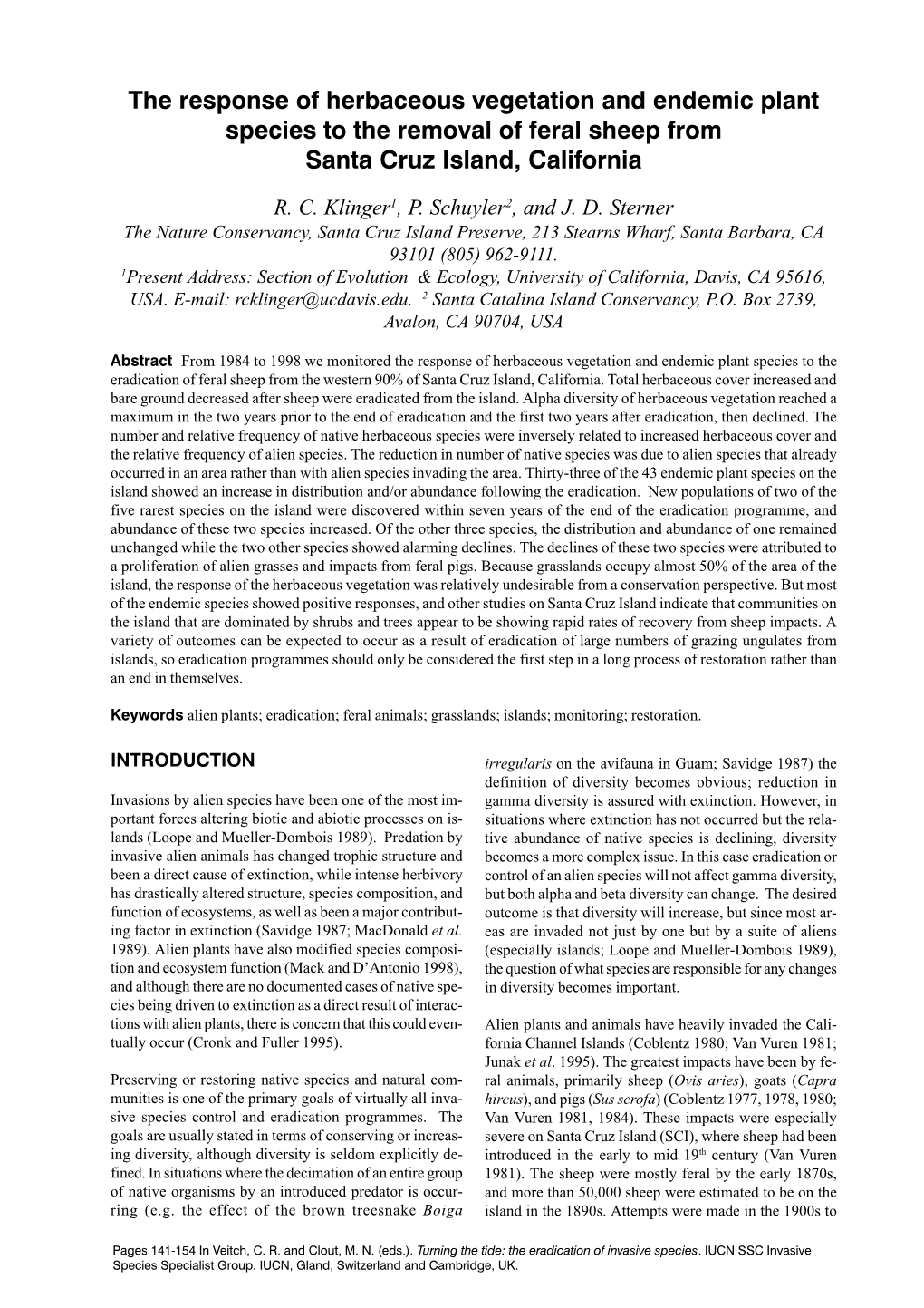 The Response of Herbaceous Vegetation and Endemic Plant Species to the Removal of Feral Sheep from Santa Cruz Island, California