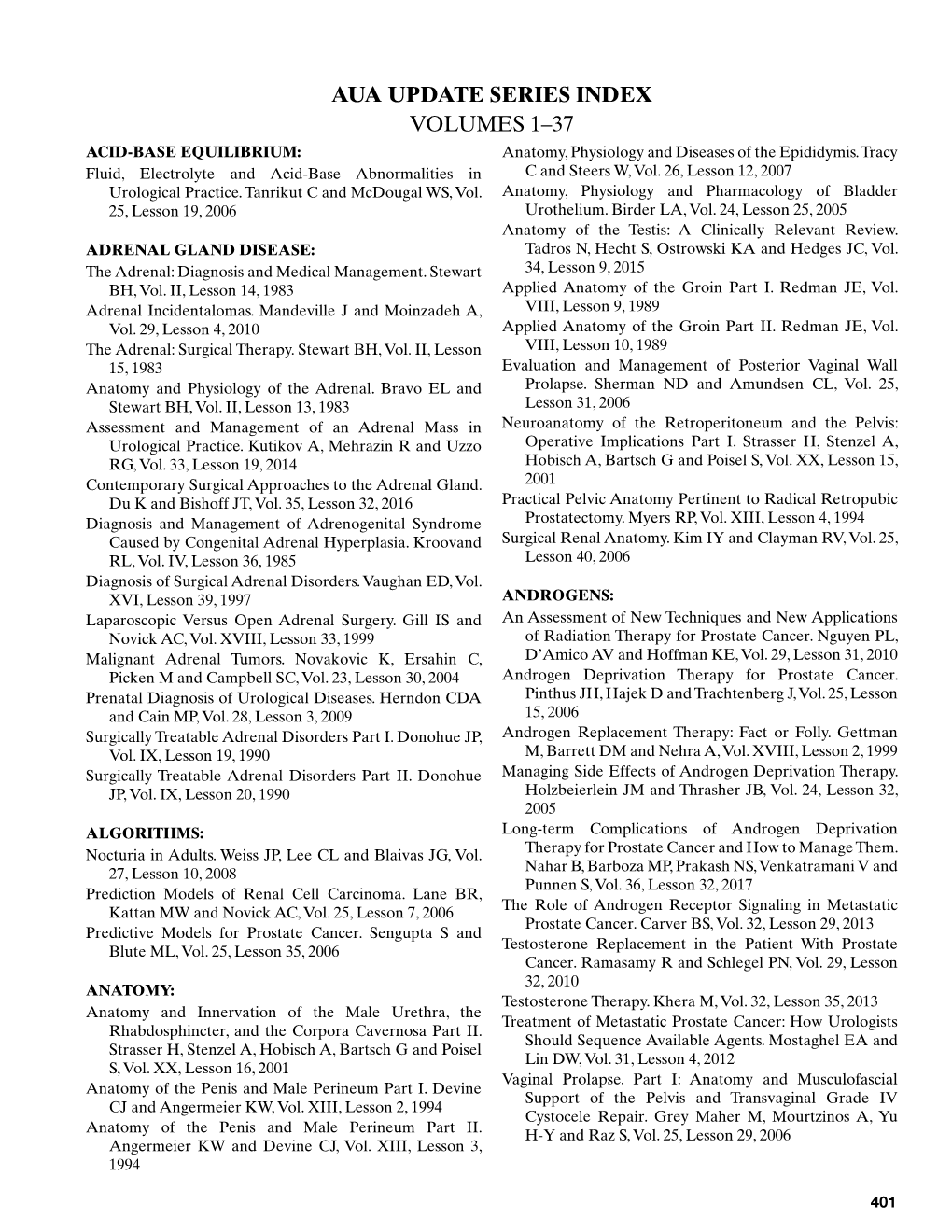 AUA UPDATE SERIES INDEX VOLUMES 1–37 ACID-BASE EQUILIBRIUM: Anatomy, Physiology and Diseases of the Epididymis