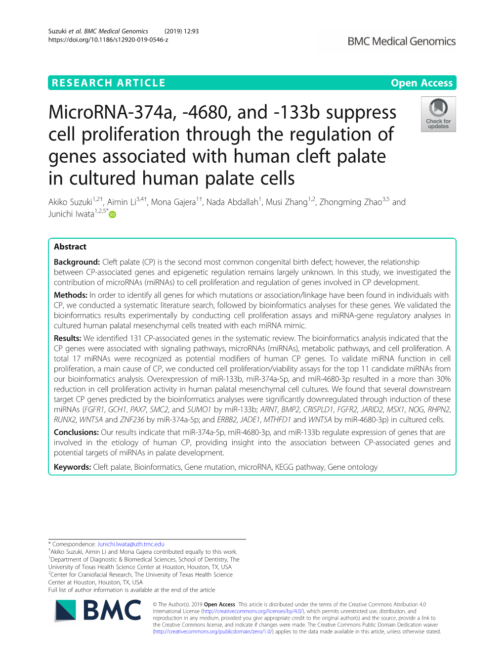 Microrna-374A, -4680, and -133B Suppress Cell Proliferation Through the Regulation of Genes Associated with Human Cleft Palate I