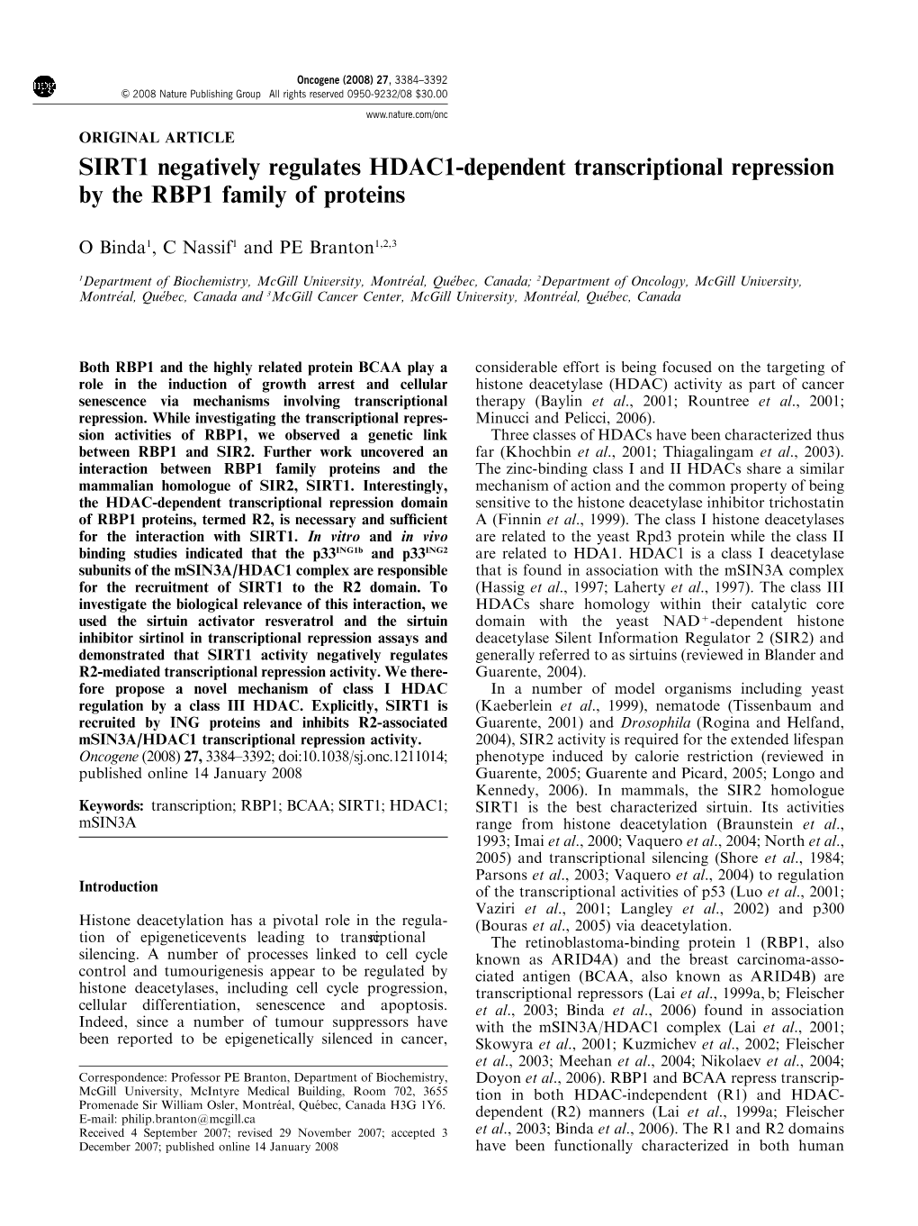 SIRT1 Negatively Regulates HDAC1-Dependent Transcriptional Repression by the RBP1 Family of Proteins