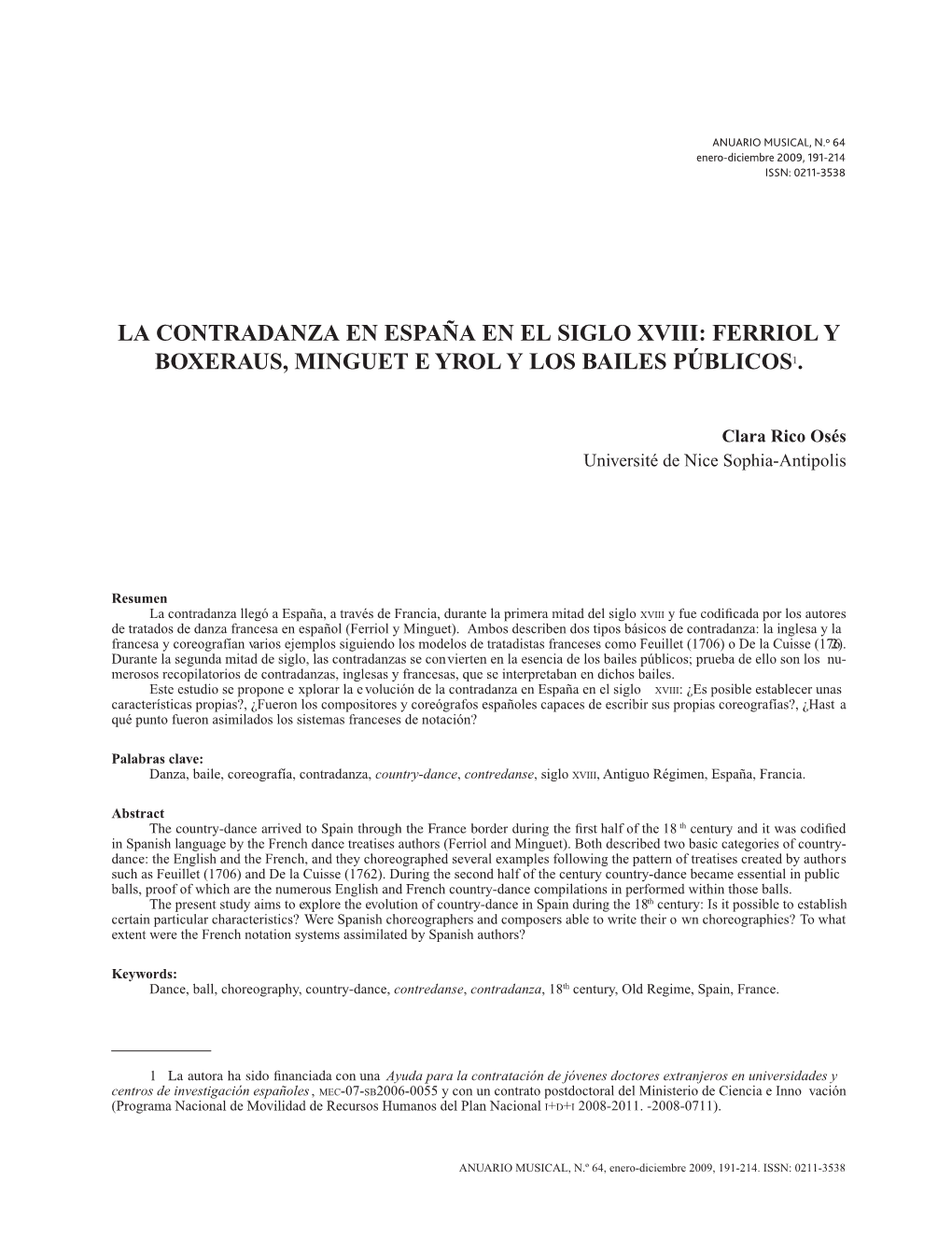 La Contradanza En España En El Siglo Xviii: Ferriol Y Boxeraus, Minguet E Yrol Y Los Bailes Públicos1