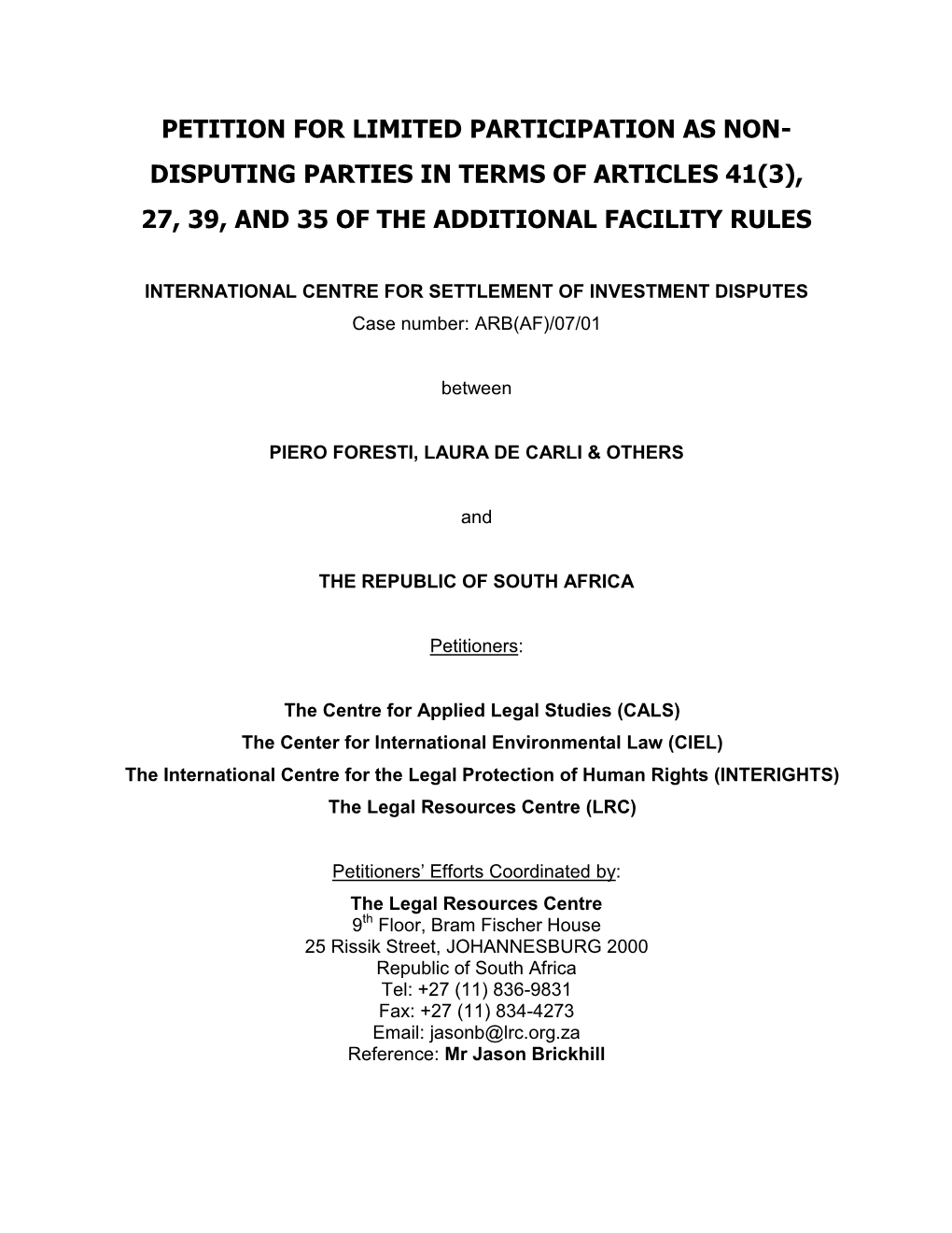 Petition for Limited Participation As Non-Disputing Parties in Term Of