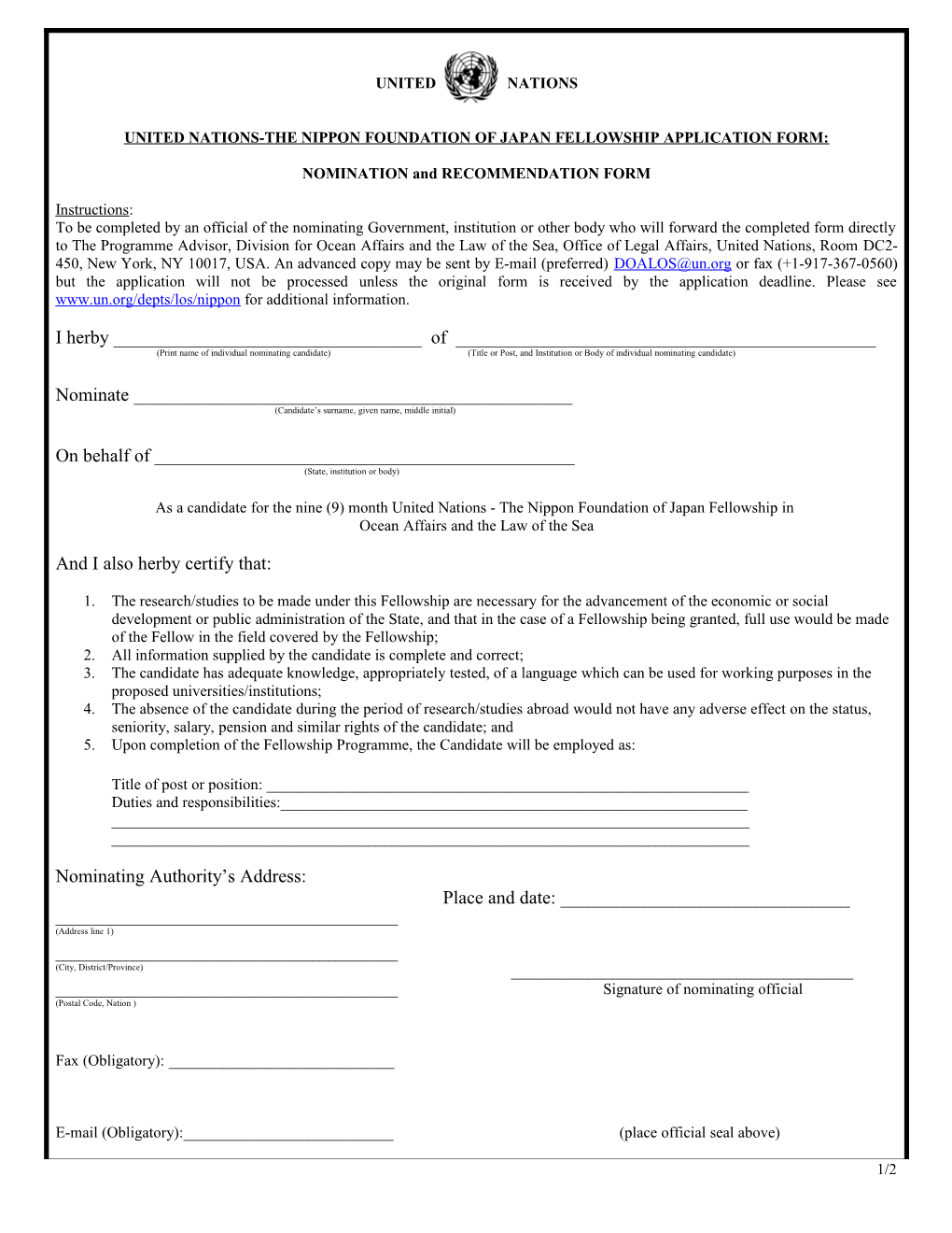 United Nations-The Nippon Foundation of Japan Fellowship Application Form
