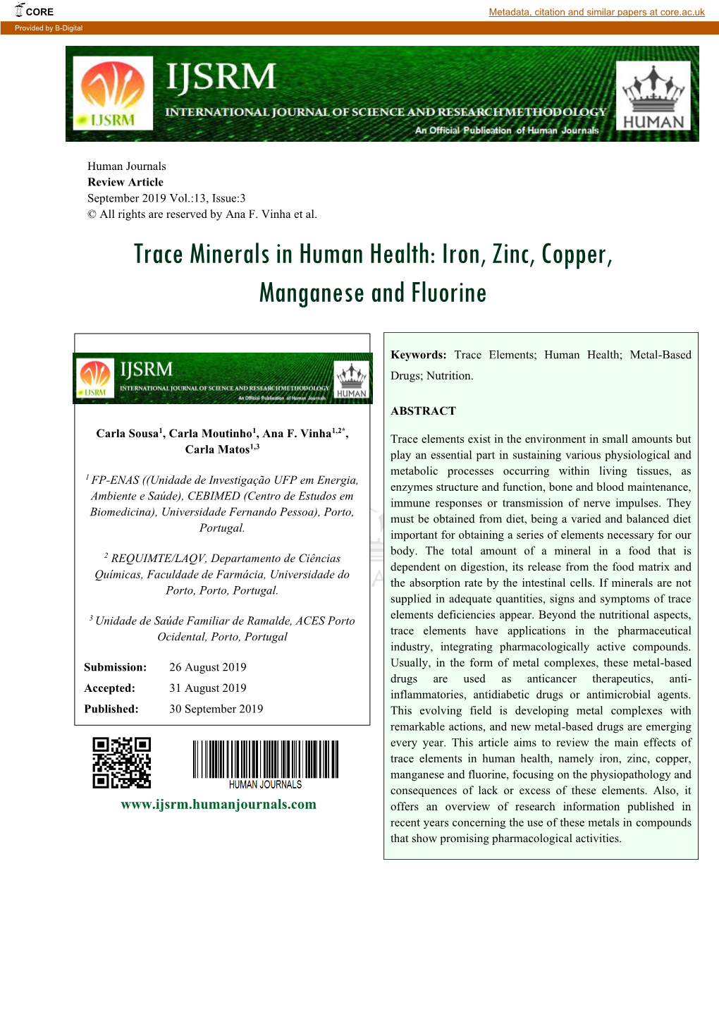 Trace Minerals in Human Health: Iron, Zinc, Copper, Manganese and Fluorine