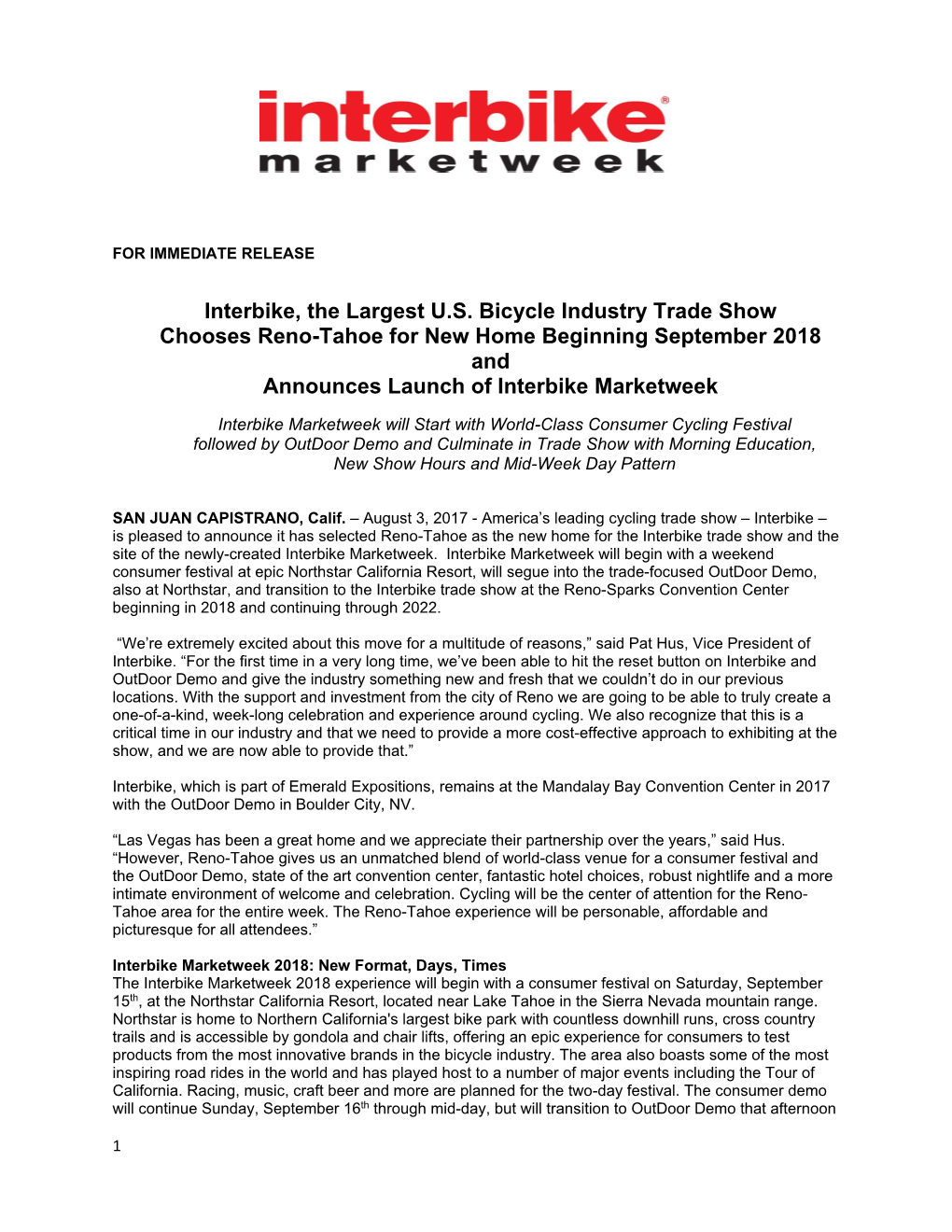 Interbike, the Largest U.S. Bicycle Industry Trade Show Chooses Reno-Tahoe for New Home Beginning September 2018 and Announces Launch of Interbike Marketweek