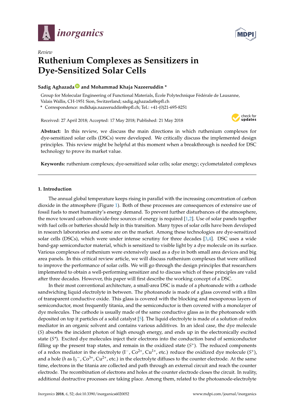 Ruthenium Complexes As Sensitizers in Dye-Sensitized Solar Cells