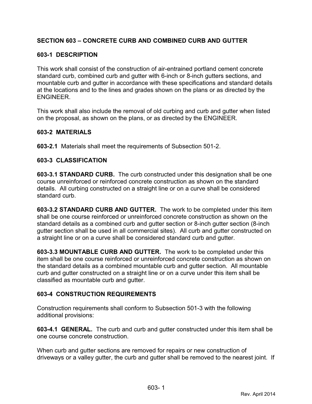 Section 603 Concrete Curb and Combined Curb and Gutter