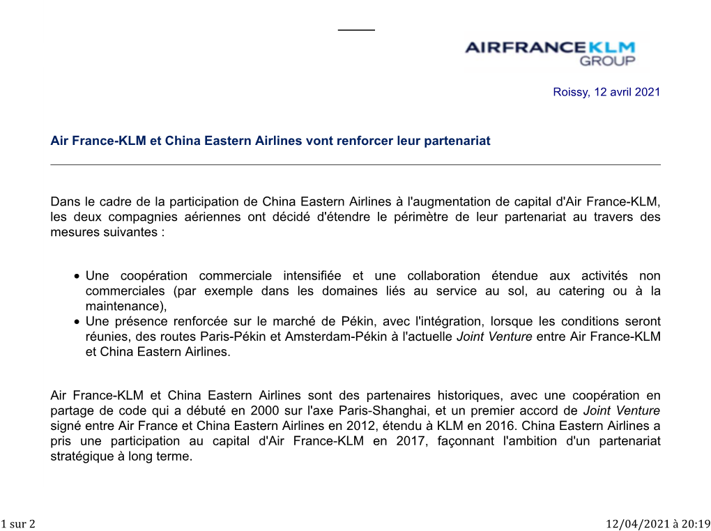 Fwd: Air France-KLM Et China Eastern Airlines Vont Renforcer Leur