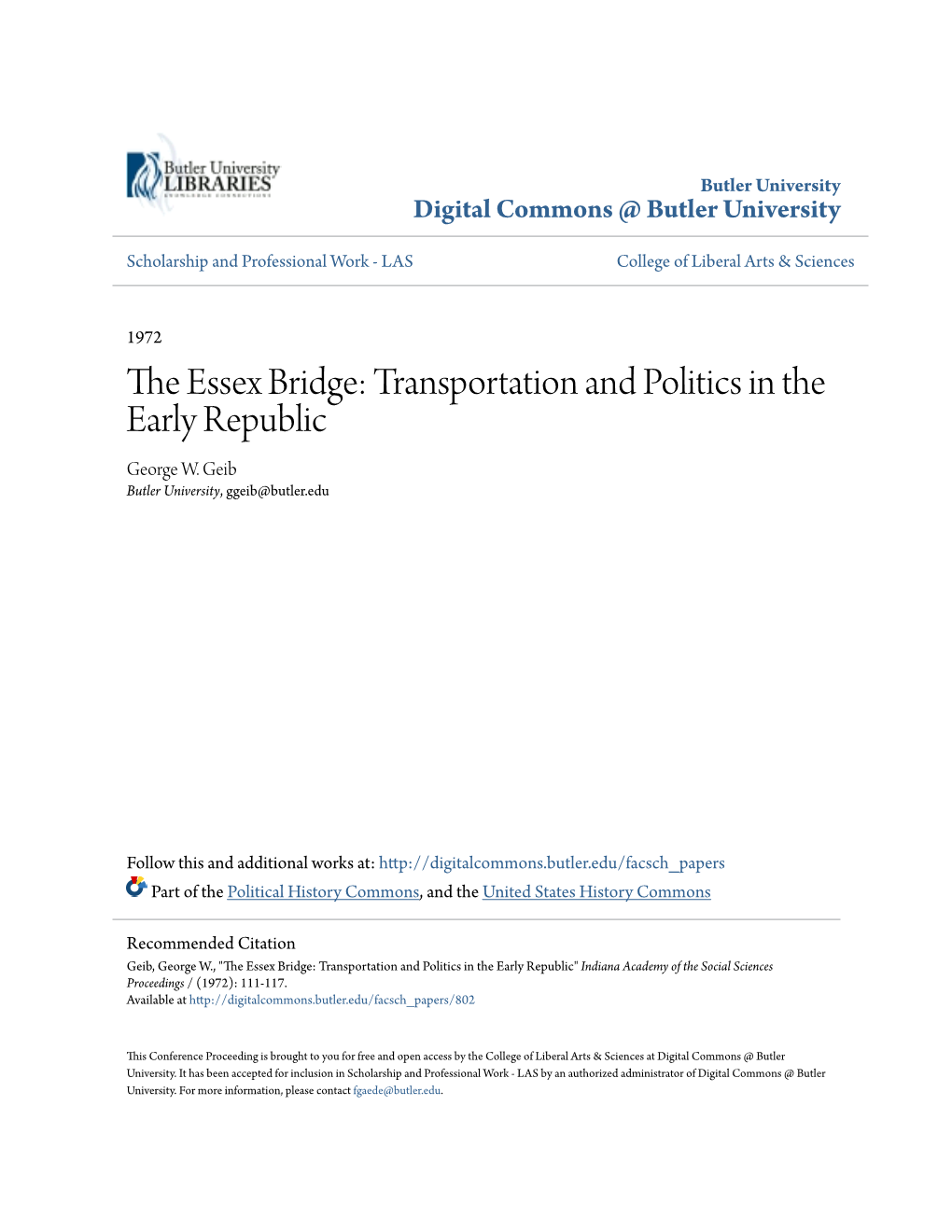 The Essex Bridge: Transportation and Politics in the Early Republic George W