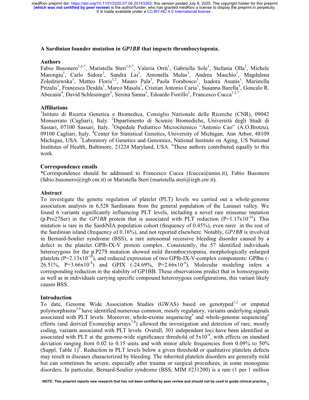 A Sardinian Founder Mutation in GP1BB That Impacts Thrombocytopenia