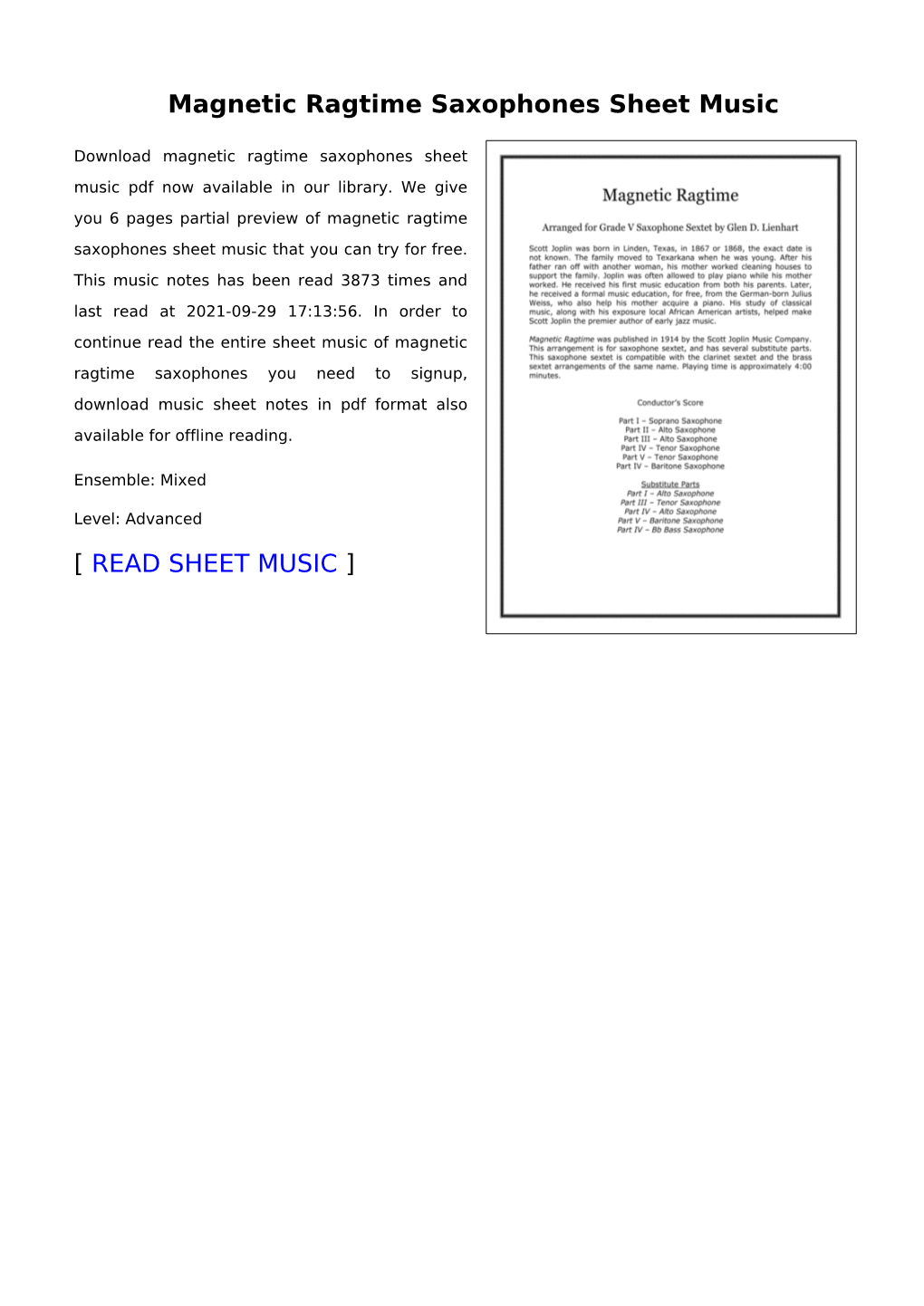 Magnetic Ragtime Saxophones Sheet Music