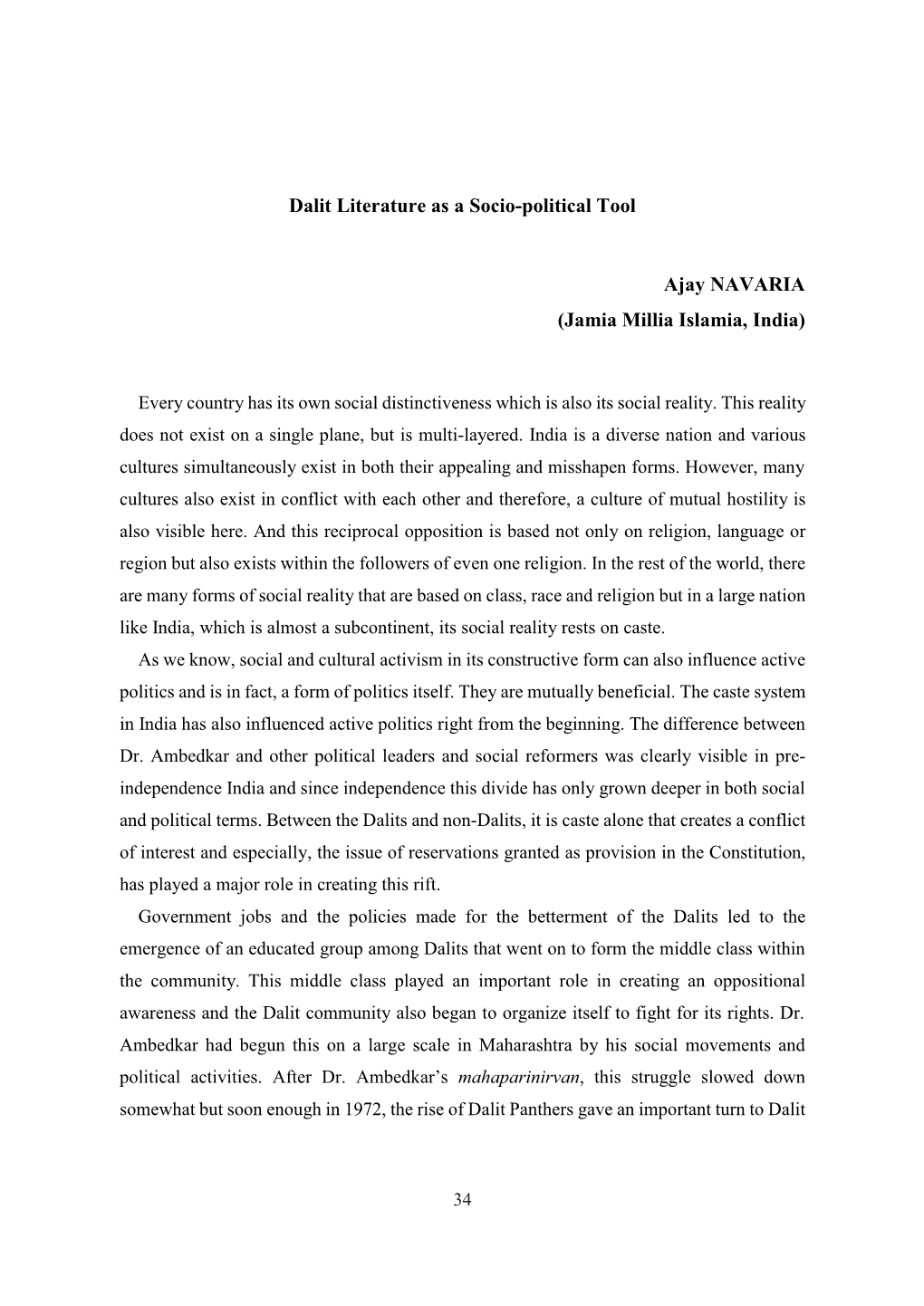 Dalit Literature As a Socio-Political Tool Ajay NAVARIA (Jamia Millia