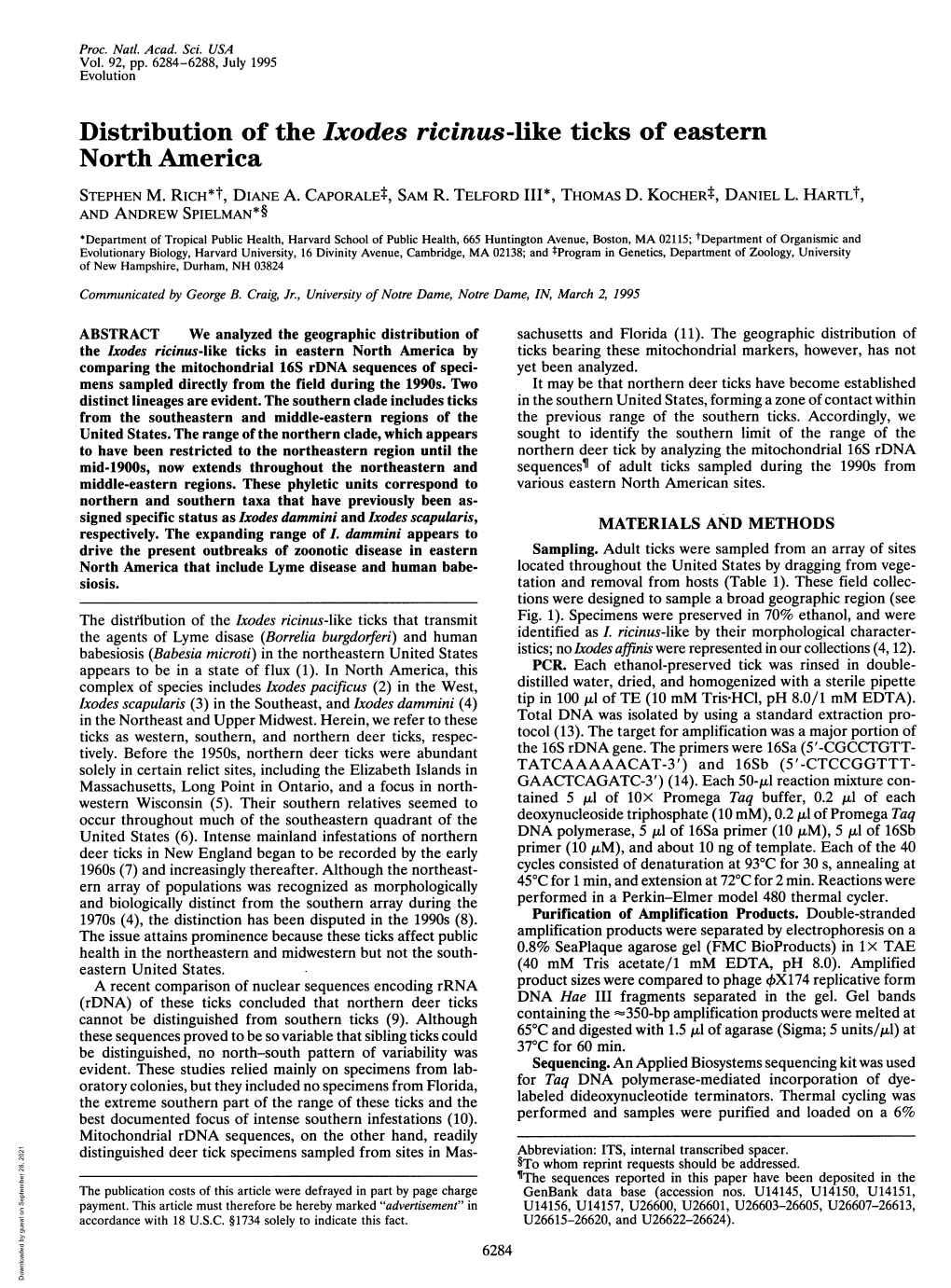 Distribution of the Ixodes Ricinus-Like Ticks of Eastern North America STEPHEN M