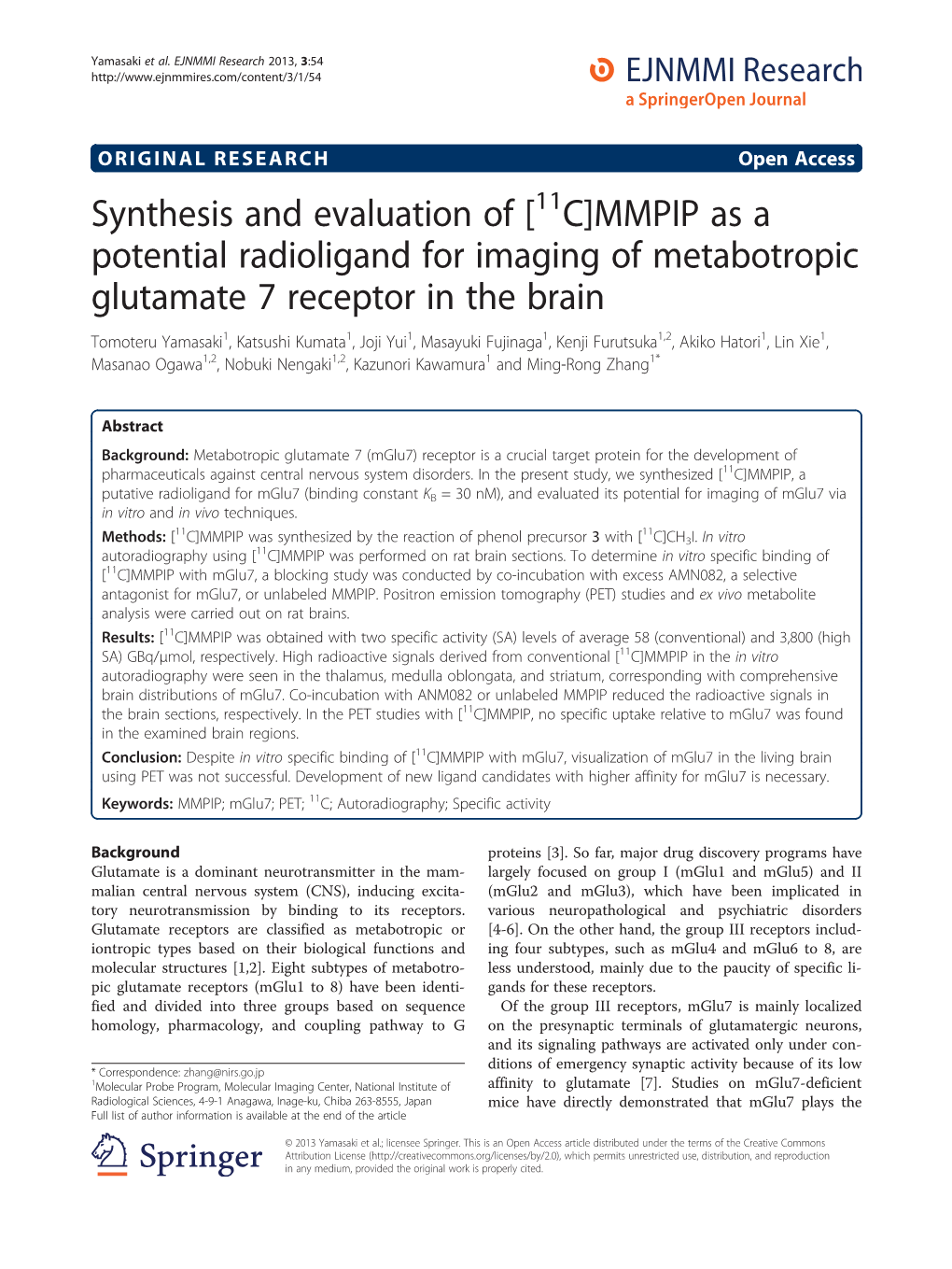 MMPIP As a Potential Radioligand for Imaging of Metabotropic Glutamate 7 Receptor in the Brain