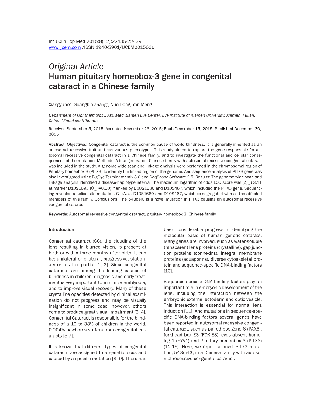 Original Article Human Pituitary Homeobox-3 Gene in Congenital Cataract in a Chinese Family