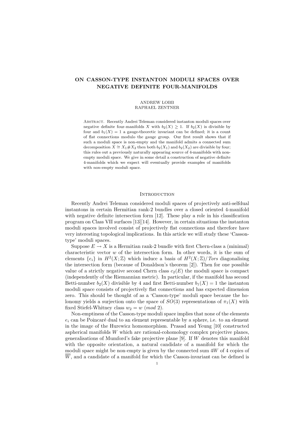 On Casson-Type Instanton Moduli Spaces Over Negative Definite Four-Manifolds