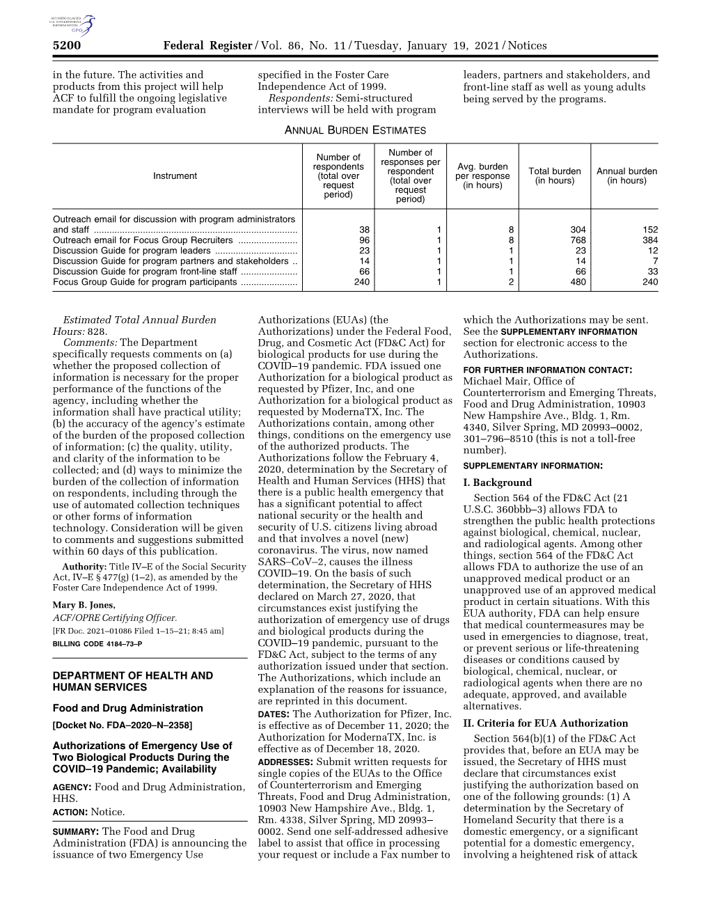 Federal Register/Vol. 86, No. 11/Tuesday, January 19, 2021/Notices