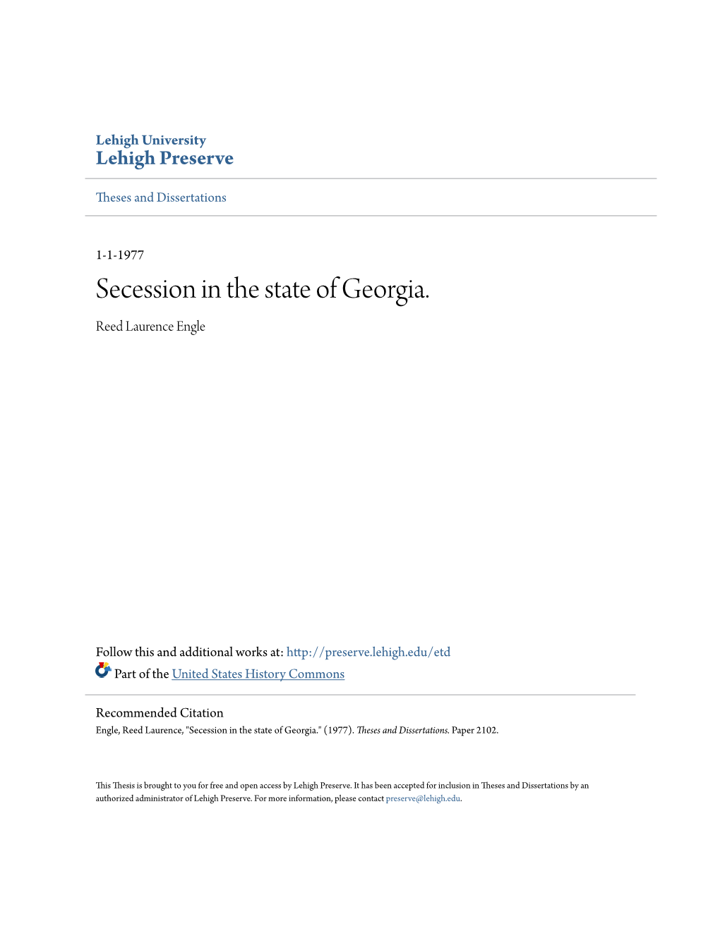 Secession in the State of Georgia. Reed Laurence Engle