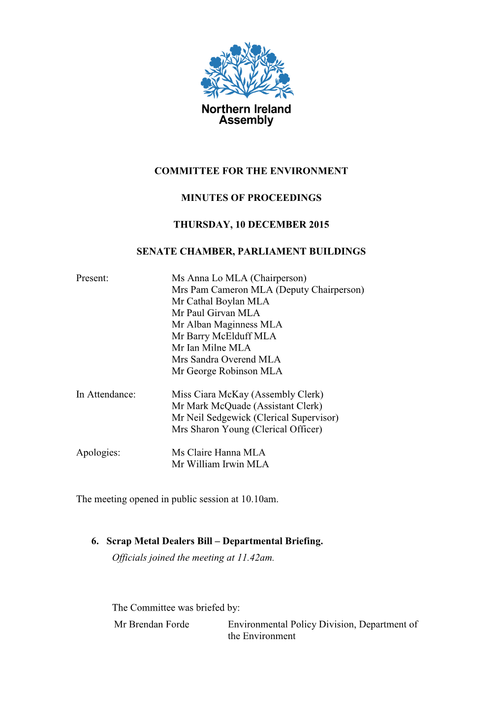 Committee for the Environment Minutes Of