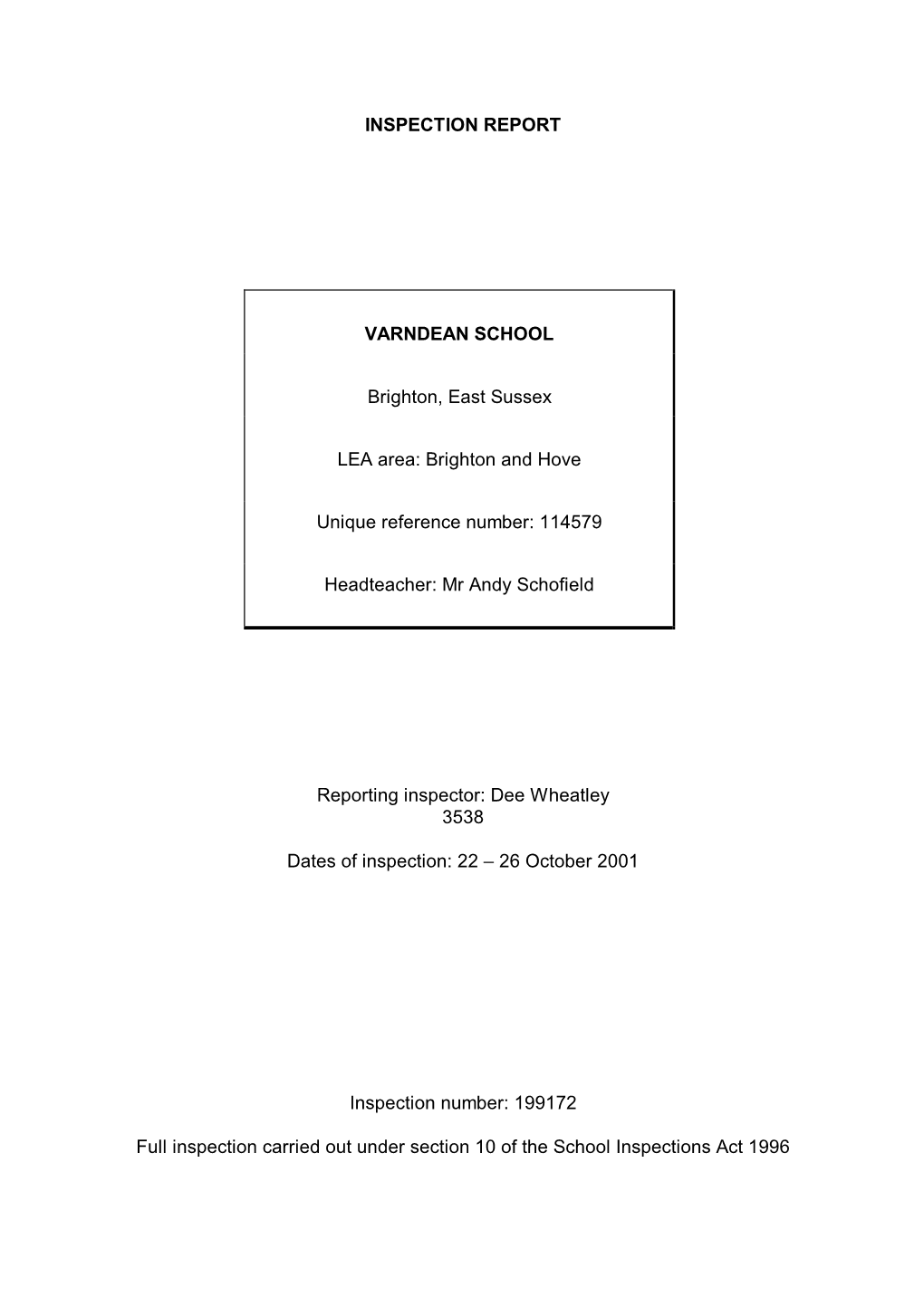 INSPECTION REPORT VARNDEAN SCHOOL Brighton, East Sussex