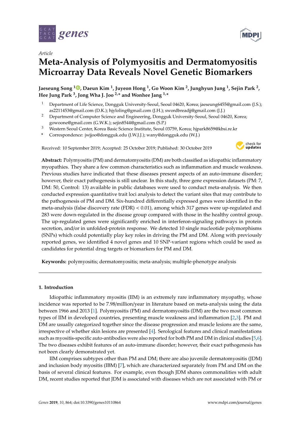 Meta-Analysis of Polymyositis and Dermatomyositis Microarray Data Reveals Novel Genetic Biomarkers