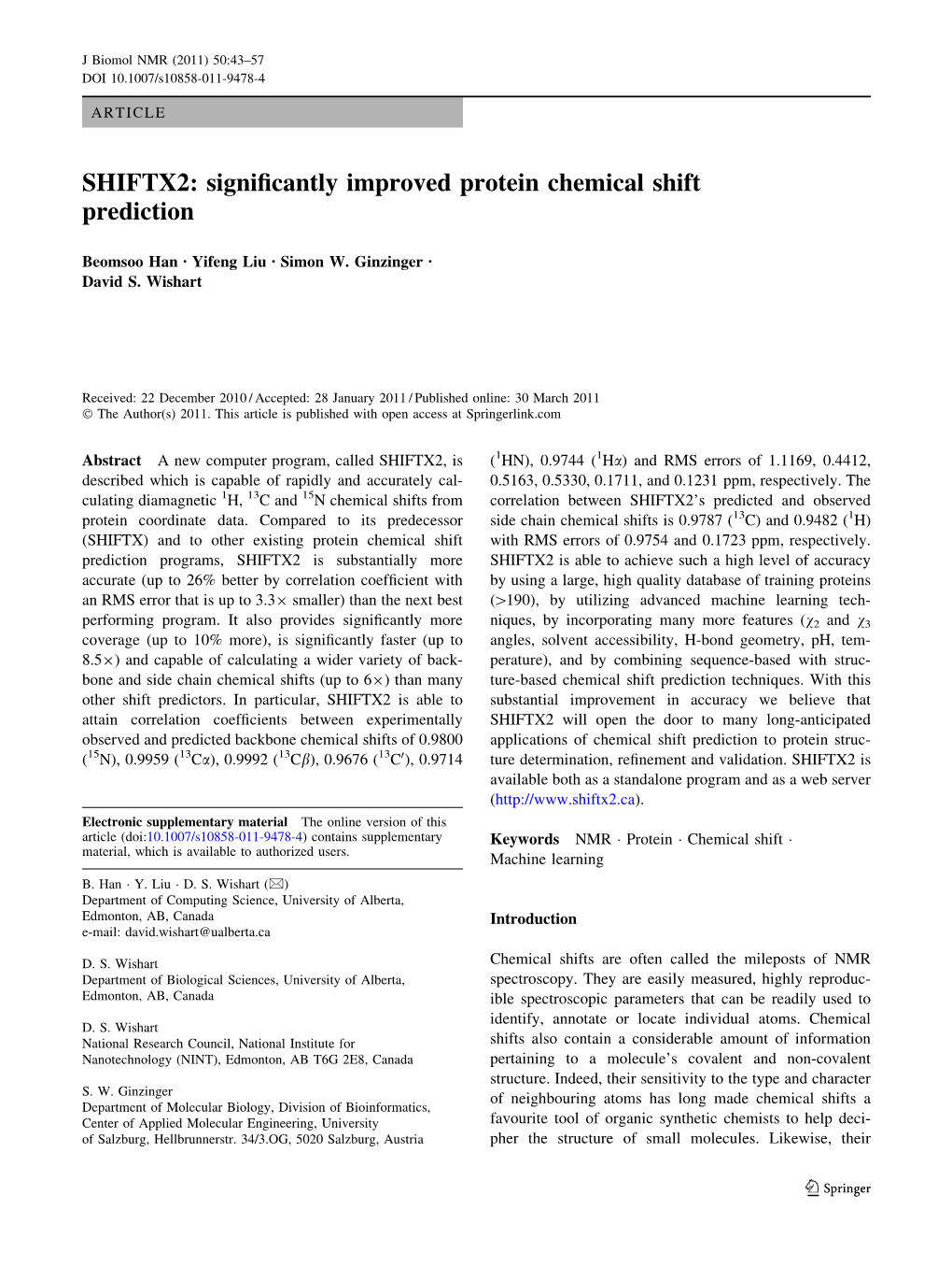 SHIFTX2: Significantly Improved Protein Chemical Shift Prediction