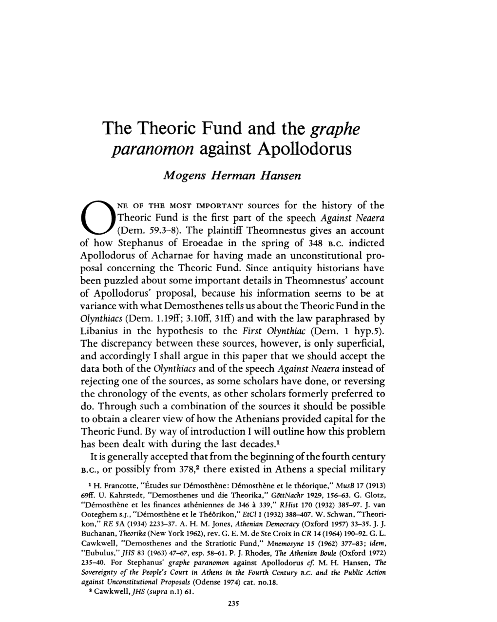 The Theoric Fund and the Graphe Paranomon Against Apollodorus Mogens Herman Hansen