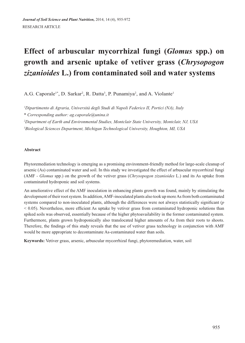 (Glomus Spp.) on Growth and Arsenic Uptake of Vetiver Grass (Chrysopogon Zizanioides L.) from Contaminated Soil and Water Systems