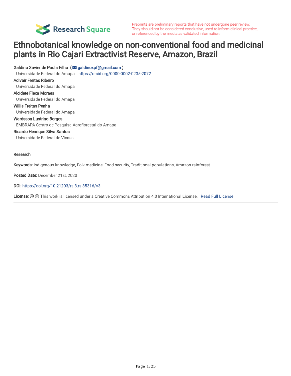 Ethnobotanical Knowledge on Non-Conventional Food and Medicinal Plants in Rio Cajari Extractivist Reserve, Amazon, Brazil