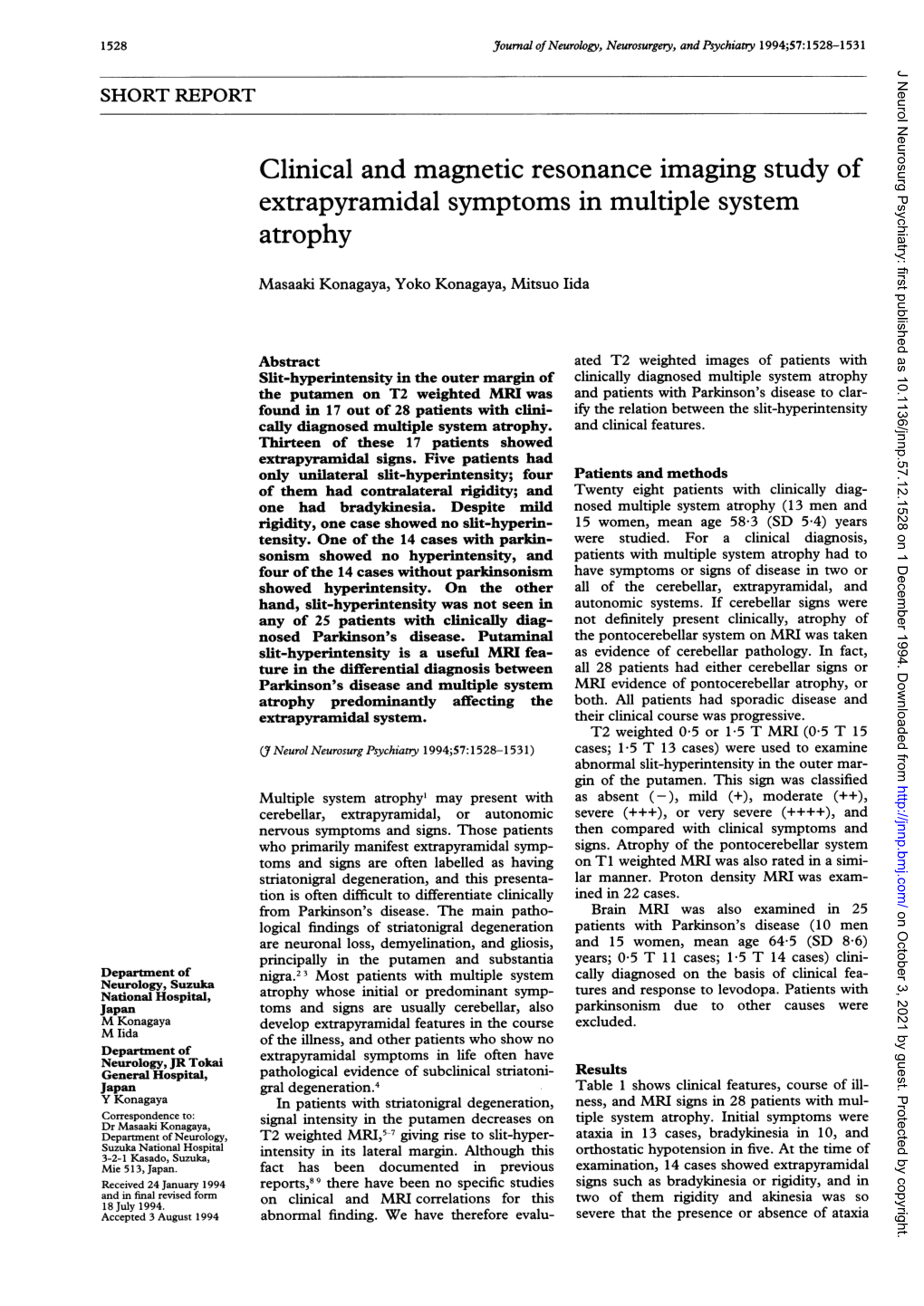 Clinical and Magnetic Resonance Imaging Study of Extrapyramidal Symptoms in Multiple System Atrophy