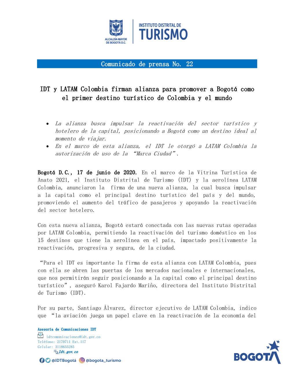 IDT Y LATAM Colombia Firman Alianza Para Promover a Bogotá Como El Primer Destino Turístico De Colombia Y El Mundo