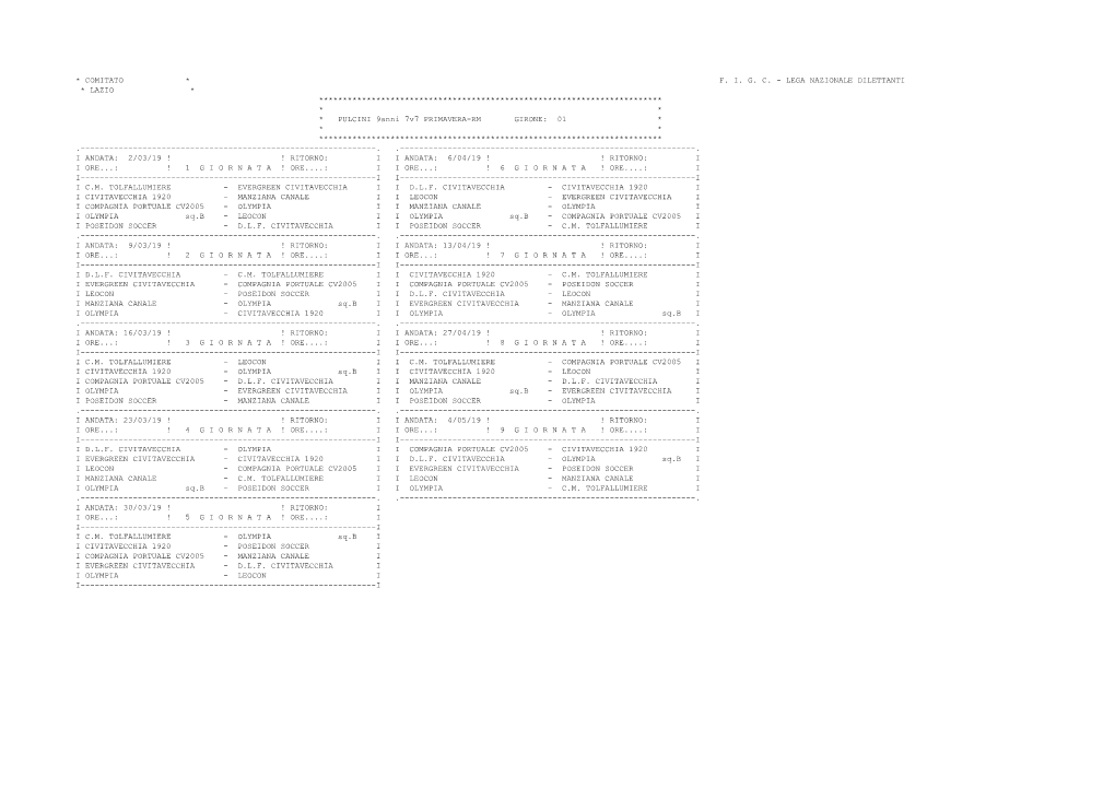 Calendario Pulcini 1° Anno